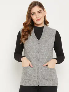 Zigo Women Grey Self Design Cable Knit Wool Cardigan Sweater