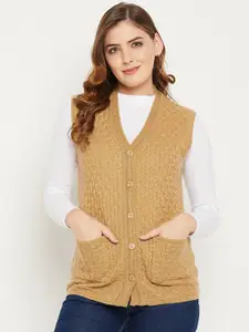 Zigo Women Camel Brown Self Design Cable Knit Wool Cardigan Sweater
