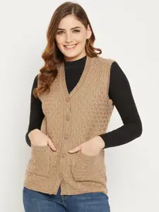 Zigo Women Brown Self Design Cable Knit Wool Cardigan Sweater