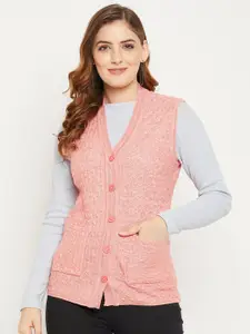 Zigo Women Pink Self Design Cable Knit Wool Cardigan Sweater