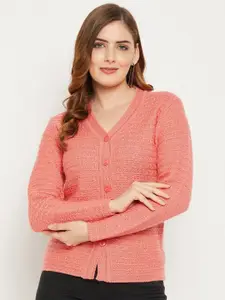 Zigo Women Peach-Coloured Self Design Cable Knit Wool Cardigan Sweater