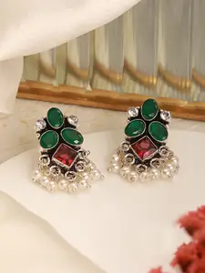 Saraf RS Jewellery Green & Red Silver Plated Contemporary Drop Earrings