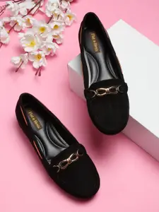 Flat n Heels Women Black Solid Suede Loafers