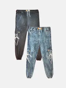 PINVE Girls Pack Of 2 Narrow Jogger Mildly Distressed Heavy Fade Embellished Jeans