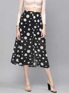 DIVA WALK EXCLUSIVE Black & White Polka Dot Printed Midi A-Line Skirt