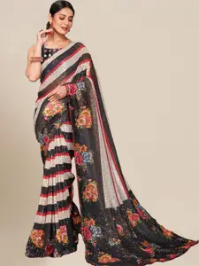 Chhabra 555 White & Black Striped Sequinned Saree
