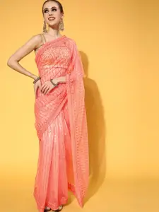 Chhabra 555 Pink Striped Embellished  Net Saree