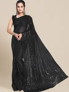 Chhabra 555 Black & Silver-Toned Striped Sequinned Heavy Work Saree