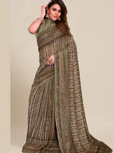 Chhabra 555 Gold-Toned & Brown Striped Sequinned Saree