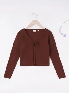 edheads Girls Brown Solid Tie-Up Cotton Shrug