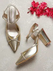 pelle albero Gold-Toned Embellished Party Block Pumps