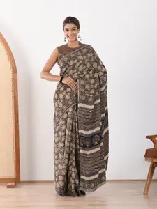 Mulmul Brown & Cream-Coloured Floral Satin Block Print Saree