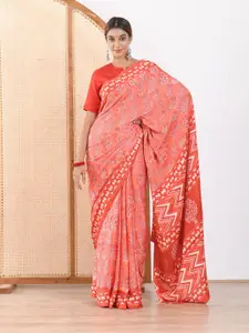 Mulmul Coral & White Floral Satin Block Print Saree