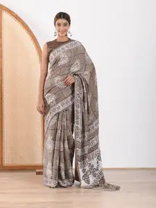 Mulmul Brown & White Ethnic Motifs Satin Block Print Saree