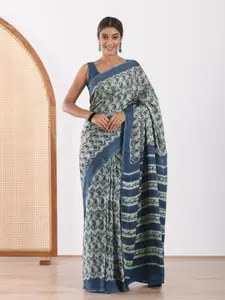 Mulmul Blue & Green Ethnic Motifs Satin Block Print Saree