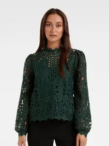 Forever New Women Green Bishop Sleeves Lace Top