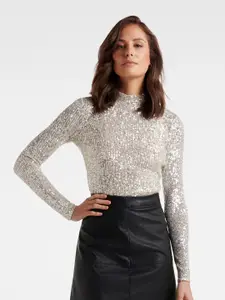 Forever New Women Silver-Toned Sequin Turtleneck Top