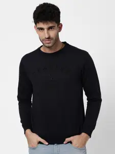 AD By Arvind Men Navy Blue Embroidered Pure Cotton Sweatshirt