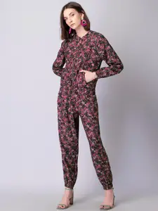 FabAlley Women Black & Pink Floral Printed Jacket and Joggers Co-Ords Set