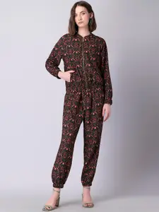 FabAlley Women Black & Red Printed Jacket with Joggers Co-Ords Set