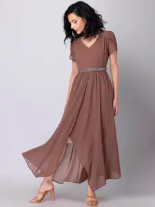 FabAlley Women Brown Georgette Fit & Flare V-Neck Maxi Dress