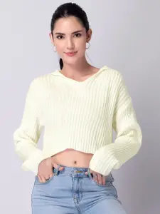 FabAlley Women White Ribbed Crop Pullover