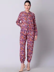 FabAlley Women Purple & Orange Printed Jacket with Joggers Co-Ords Set