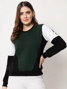 Viral trend Women Olive Green Colourblocked Cotton Sweatshirt