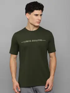 Louis Philippe Men Olive Green Cotton Typography Printed Slim Fit T-shirt