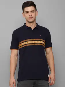 Louis Philippe Jeans Men Navy Blue Cotton Typography Printed Polo Collar Slim Fit T-shirt