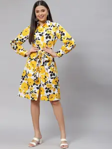 plusS Yellow & White Floral Print Shirt Dress with Belt