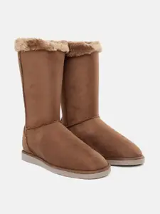 Carlton London Women Tan High-Top Flat Winter Boots with Faux Fur Trim Detail