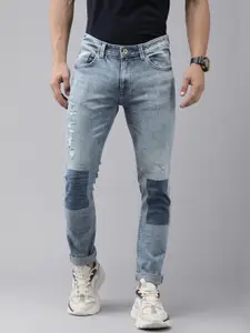 SPYKAR Men Regular Fit Low-Rise Mildly Distressed Stretchable Jeans With Patchwork Detail