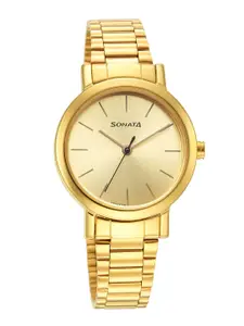 Sonata Women Gold-Toned Brass Dial & Gold Toned Leather Straps Analogue Watch 8174YM03