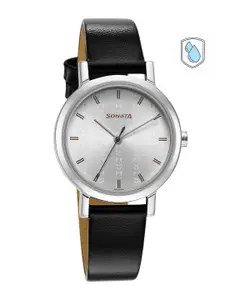 Sonata Women Grey Brass Dial & Black Leather Straps Analogue Watch 8174SL01