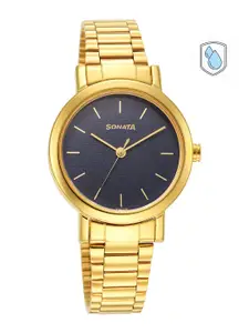 Sonata Women Black Brass Dial & Gold Toned Stainless Steel Bracelet Style Straps Analogue Watch 8174YM04