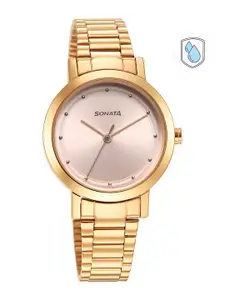 Sonata Women Rose Gold-Toned Brass Dial & Gold Toned Stainless Steel Bracelet Style Straps Analogue Watch 8174WM03