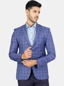 Wintage Men Blue Checked Single-Breasted Formal Blazers