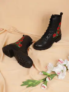Truffle Collection Women Black Embroidered Winter Boots
