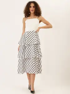DODO & MOA Women White & Black Polka Dots Layered Midi Dress