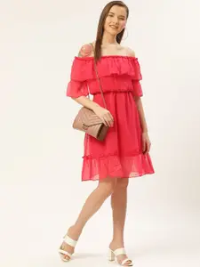 DODO & MOA Women Pink Self Design Off-Shoulder A-Line Dress