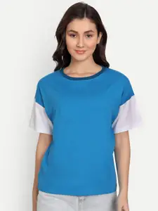 iki chic Women Blue Colourblocked Cotton T-shirt