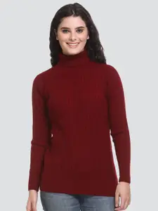 GODFREY Women Maroon Cable Knit Turtle Neck Long Sleeves Acrylic Pullover Sweater