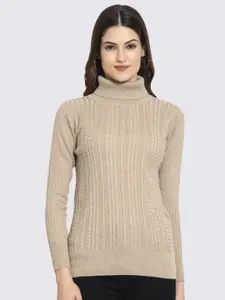 GODFREY Women Beige Cable Knit Turtle Neck Long Sleeves Acrylic Pullover Sweater