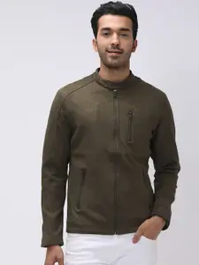 Mufti Men Olive Green Geometric Checked Outdoor Open Front Jacket