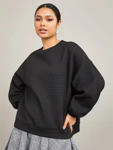 Styli Women Black Solid Self Design Sweatshirt