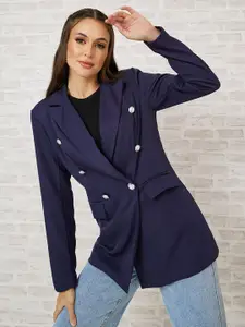 Styli Women Double Breasted Longline Blazer with Padded Shoulder