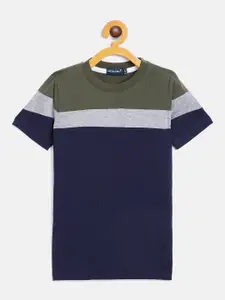 Rodzen Boys Navy Blue & Olive Green Colourblocked Pure Cotton T-shirt