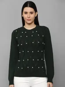 Allen Solly Woman Women Green Cable Knit Cotton Pullover with Embellished Detail
