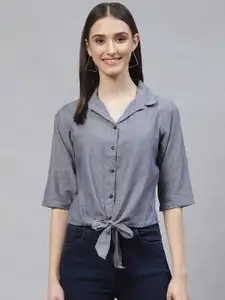 Ayaany Women Grey Solid Casual Shirt with Knot Detail